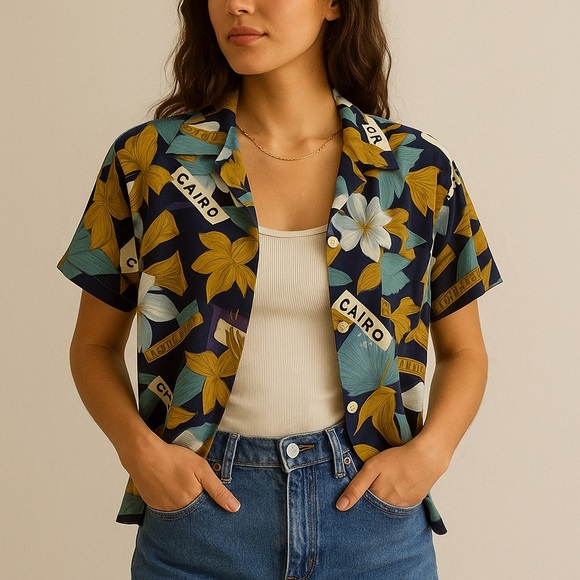 NWT VINTAGE MARJORIE HAMILTON Short Sleeve Travel Print Blouse M - Picture 1 of 16